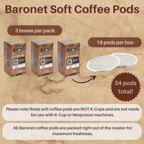 Baronet Coffee Pods [Cinnamon Hazelnut-54 Pods] Flavored Single Cup Use, Like Senseo [3 Boxes of 18 Single Serve 10 Gram] Regular Strength, Medium Roast [Cinn Hazel]