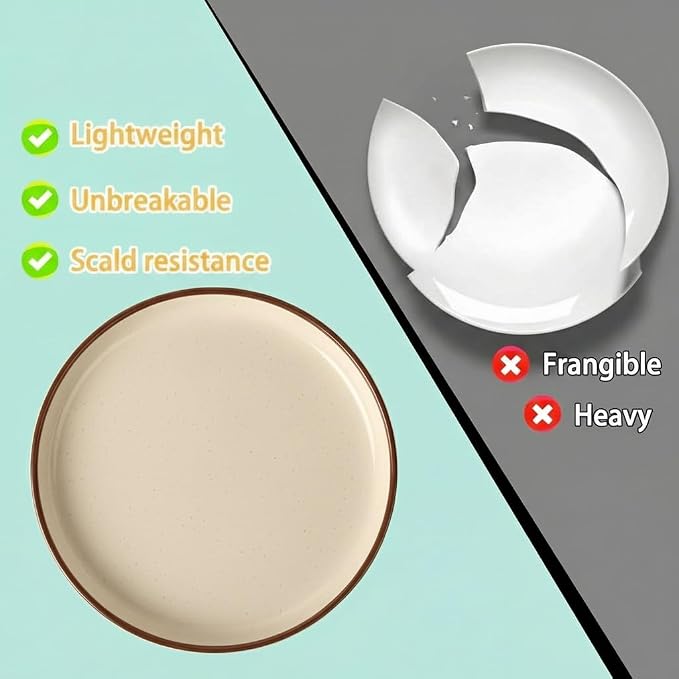Melamine Dinnerware Set 12 Piece for 4, Cream White Spray Dots Unbreakable Plates and Bowls with Dark Brown Rim, Lightweight Durable Dishware for Camping Picnic Party