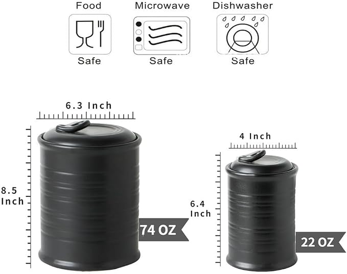 Nihow Food Storage Jar,Ceramic Canister Sets for The Kitchen,Set of 2,Black | Air Tight Lid,For Flour/Sugar/Rice/Coffee/Cookies/Candy,Kitchen Counter Canister/Dishwasher Safe