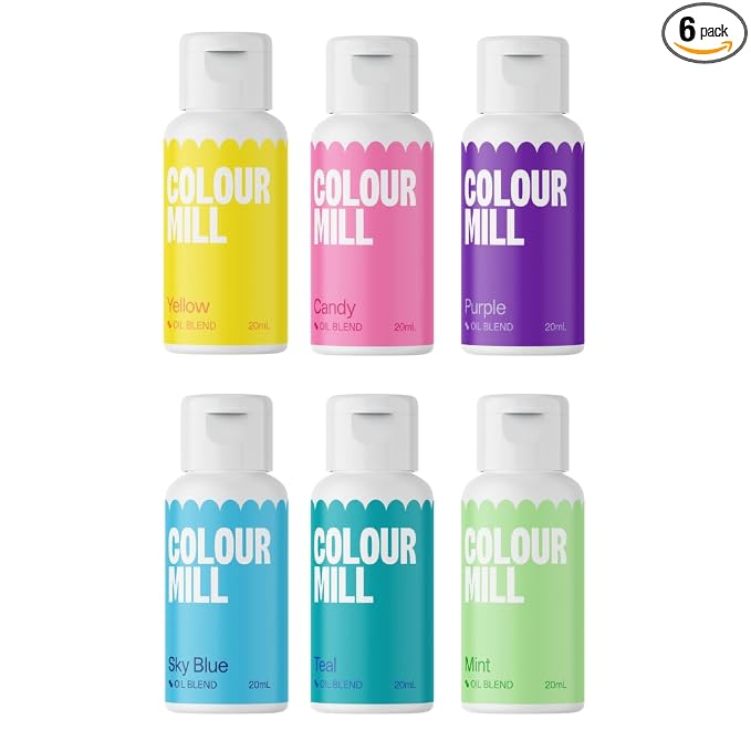 Colour Mill Oil Blend Food Coloring, Pool-Party Pack - 20 Milliliters Each of 6 Colors: Candy, Mint, Purple, Sky Blue, Teal and Yellow