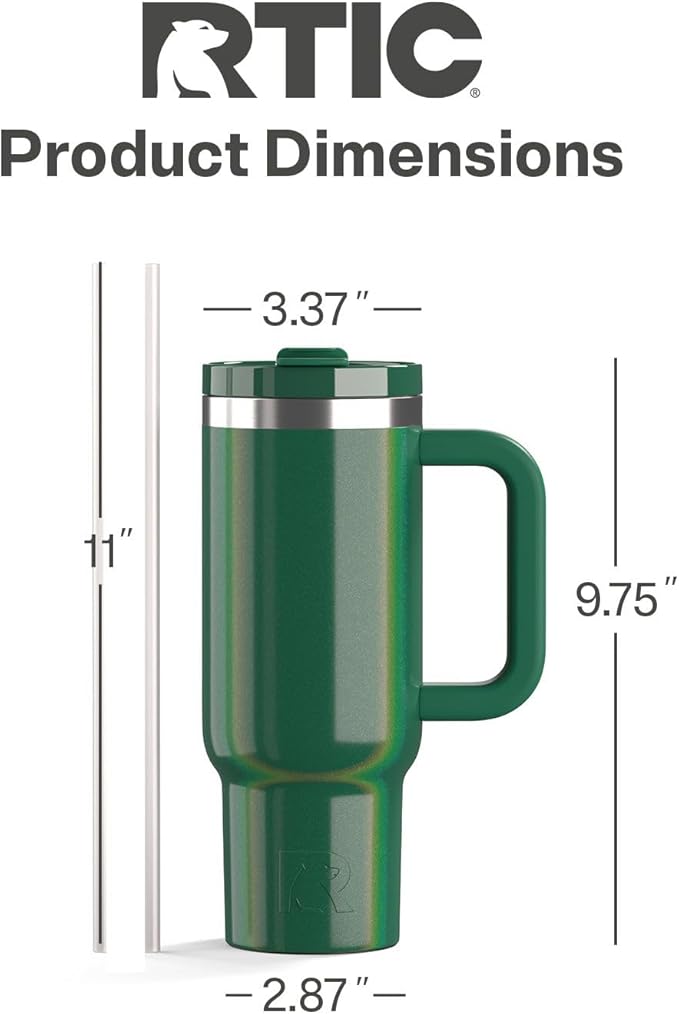 RTIC 30 oz Road Trip Tumbler Double-Walled Ceramic Lined InsulatedStainless Steel Portable Travel Coffee Mug Cup with Lid, Handle and Straw, Pine Tree Glitter