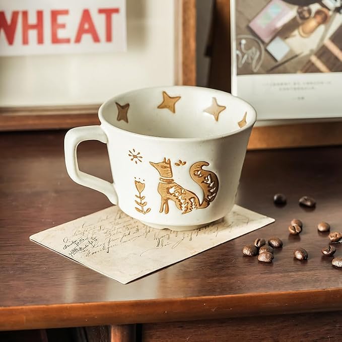 12OZ Stackable Coffee Mugs,Vintage Ceramic Coffee Mugs With Animal patterns for Man,Woman,Dad,Mom, Modern Coffee Mugs Set of 4 for Latte,Cappuccino,Cocoa. Dishwasher&Microwave Safe(golden)