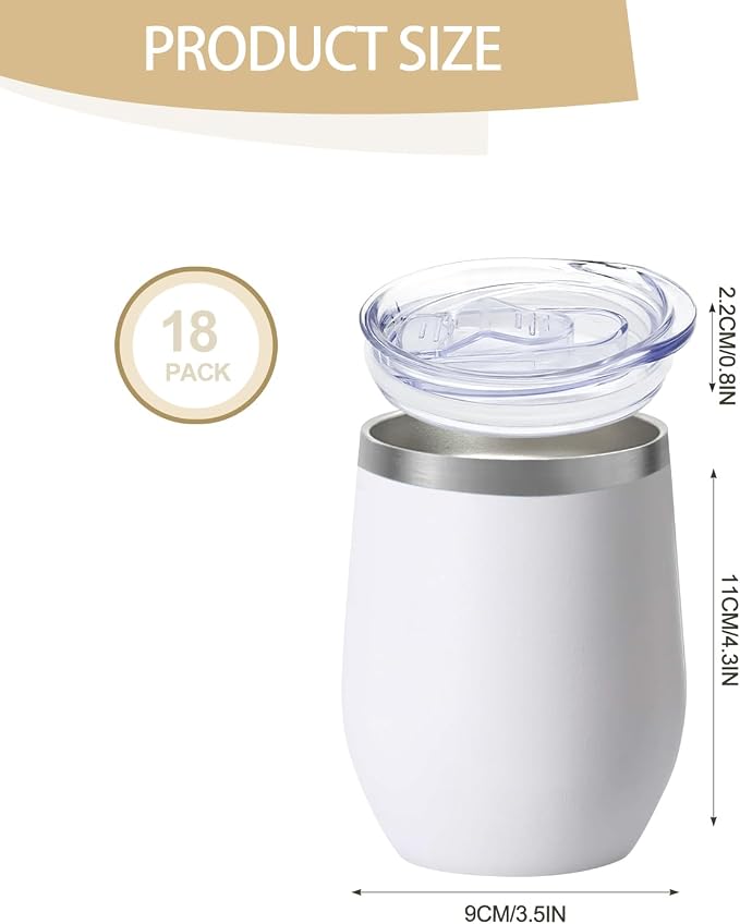 YOUKE OLA 18 Pack Stainless Steel Wine Tumbler with lid, 12oz Insulated Powder Coated Wine Tumbler Stemless Double Wall Vacuum Wine Glass Coffee Tumbler Bulk for Laser Engrave, DIY Gift, White