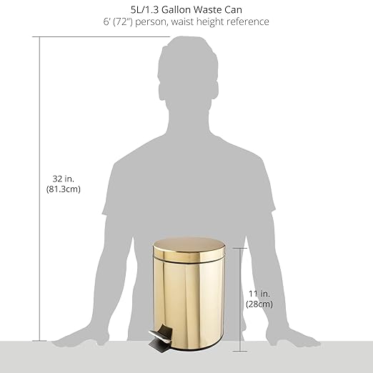 mDesign Small Modern 1.3 Gallon Round Metal Lidded Step Trash Can, Compact Garbage Bin with Removable Liner Bucket and Handle for Bathroom, Kitchen, Craft Room, Office, Garage - Soft Brass, 5 liter