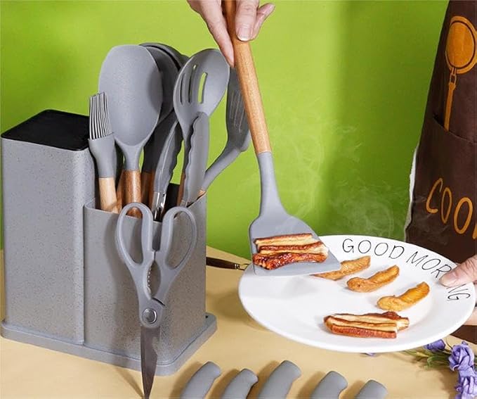 19 in 1 Kitchen Utensils and Knife Set with Storage, Include 11 Piece Silicone Cooking Utensils 5 Pcs Sharp Stainless Steel Chef Knives Scissors Whisk Tongs and Cutting Board GrEY