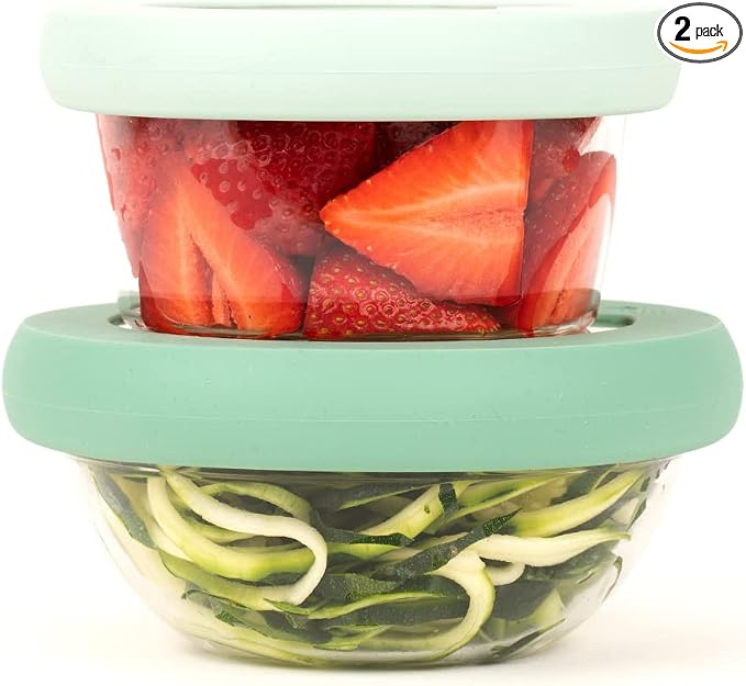 Food Huggers Replacement Lids for Glass Storage Containers | Silicone & Glass Lids that Don’t Crack | Fits Most Round Container Brands & Bowls | 100% Plastic Free | 2 Lid Set (S,M), Gradual Green