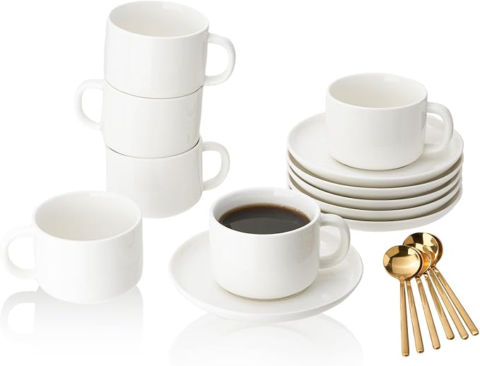 8oz Cappuccino Cups Set of 6, Tea Cups with Saucers and Spoons, White Ceramic Tea Cups Set Coffee Mugs for Tea Cappuccino Espresso Latte Mocha Au Lait Macchiato Cafe