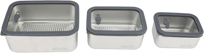 3PCS Food Storage Container Set 304 Stainless Steel Food Prep Container Lunch Box with Airtight Glass Lid for Kitchen