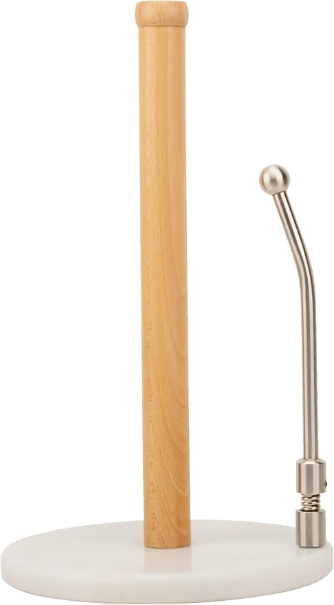 Spiretro Elegant Marble & Wood Paper Towel Holder – Real White Marble Base, Natural Wood Rod & Stainless Steel Tension Arm – Jumbo Roll Compatible – 7.75" W x 7.75" D x 13.25" H