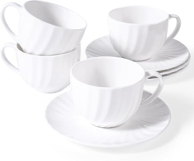Fine Bone China Cappuccino Cups with Saucers Set of 4, 7 Oz Lightweight Coffee Tea Cups, Spiral Pattern Espresso Cups for Latte, Mocha, Macchiato, Afternoon Tea Gift