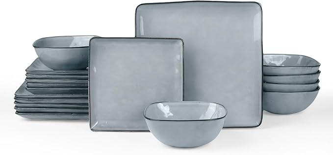 Famiware Ocean Square Plates and Bowls Set, 18 Pieces Stoneware Dinnerware Sets, Dishes Set for 6, Reactive Glaze, Microwave and Dishwasher Safe, Scratch Resistant, Grey