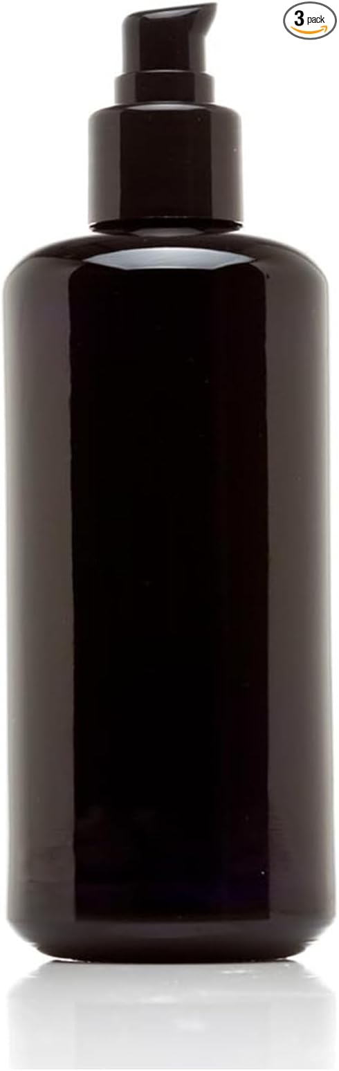 Infinity Jars 200 Ml (6.8 fl oz) Refillable Ultraviolet Black Glass Pump Bottles Leak-Proof Travel Containers for Toner, Sanitizer, Beard Oil, Hair Serum, Essential Oils 3-Pack