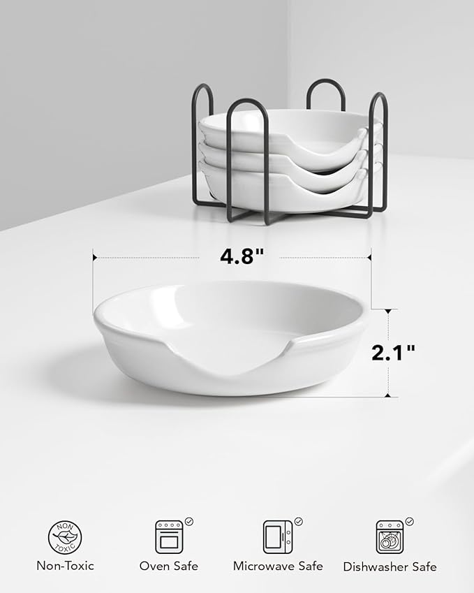 LE TAUCI Ceramic Spoon Rest with Holder, 4.8 Inches Spoon Rest for Stove Top, Utensil Rest for Kitchen Counter, Coffee Spoon Holder, Set of 4, White