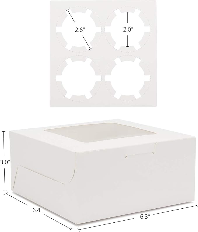 EUSOAR Muffin Boxes, 50pcs 6.4" x 6.3" Kraft Cupcake Boxes 4 Count White Color Muffin Containers, Cupcake Carrier with Insert and Display Window Fits 4 Cupcakes or Muffins