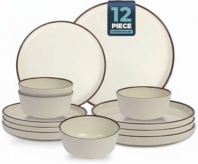 Melamine Dinnerware Set 12 Piece for 4, Cream White Spray Dots Unbreakable Plates and Bowls with Dark Brown Rim, Lightweight Durable Dishware for Camping Picnic Party