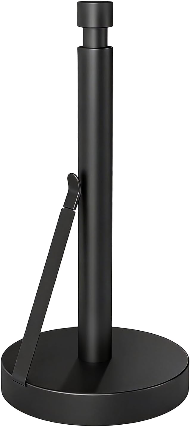 YUMORE Heavy Duty Stainless Steel Paper Towel Holder – Easy One-Handed Tear, Weighted Base Non-Slip, Tension Arm Prevents Unraveling, Countertop Paper Stand for Kitchen, Fits Most Size Rolls (Black)