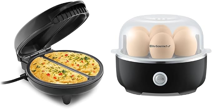 Elite Gourmet EOM205 Non-Stick Omelet, Frittata, Snack Pocket Maker, Dessert Maker & EGC115B Easy Egg Cooker Electric 7-Egg Capacity, Soft, Medium, Hard-Boiled Egg Cooker with Auto Shut-Off