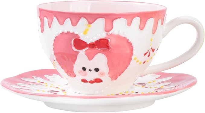 Adorable Bunny-Themed Pink Ceramic Cup & Saucer Set，7oz hand-painted ceramic Perfect for fairy tea parties, birthday gifts, parties, Christmas, and New Year. (Pink)