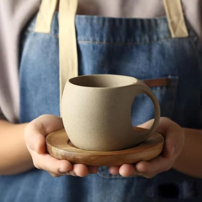 6 oz Clay Cup and Wood Saucer Set of 1, Ceramic Coffee Latte Art Mug With Saucer, Cafe Cups for Cappuccino, Espresso, Coffee, Tea, Porcelain Set for Baristas, Great Gift