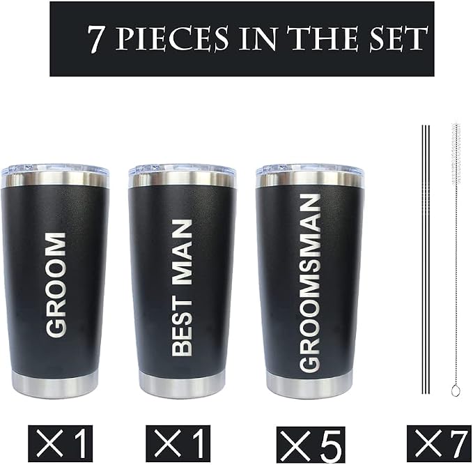 PartyGifts&beyond Groomsmen Gifts, 7Packs Bachelor Party Gifts Tumblers, Team Groom Cups 20 OZ Stainless Steel Tumbler with Lid and Straw for Wedding and Groomsman(Bold)