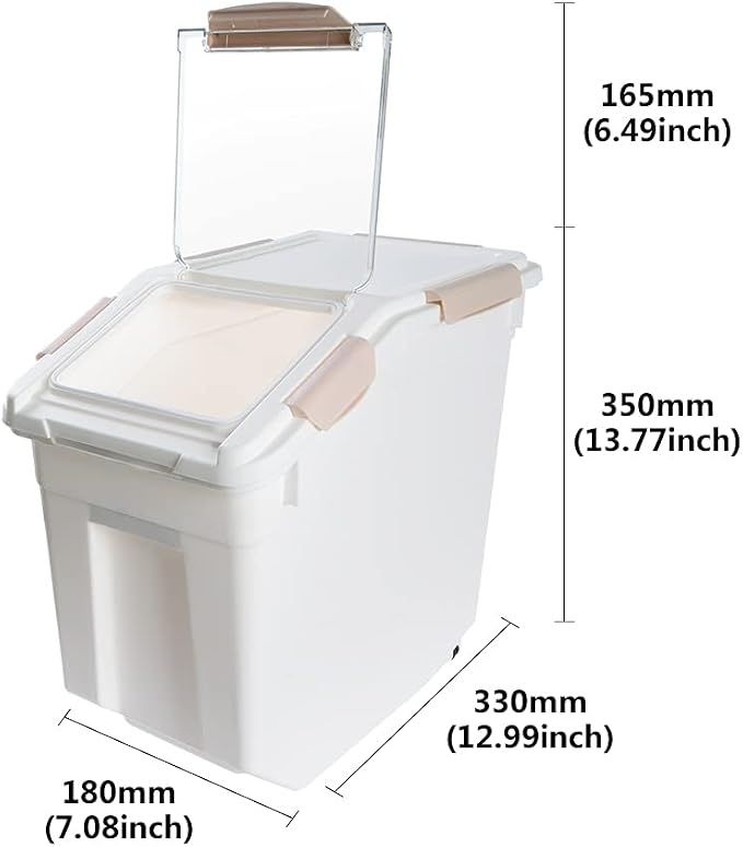 Airtight Flour Storage Container 25 lb Rice Storage Container with Wheels Seal Locking Lid, Food Containers with Measuring Cup& Scoop for Flour, Rice, Grain(Pink)