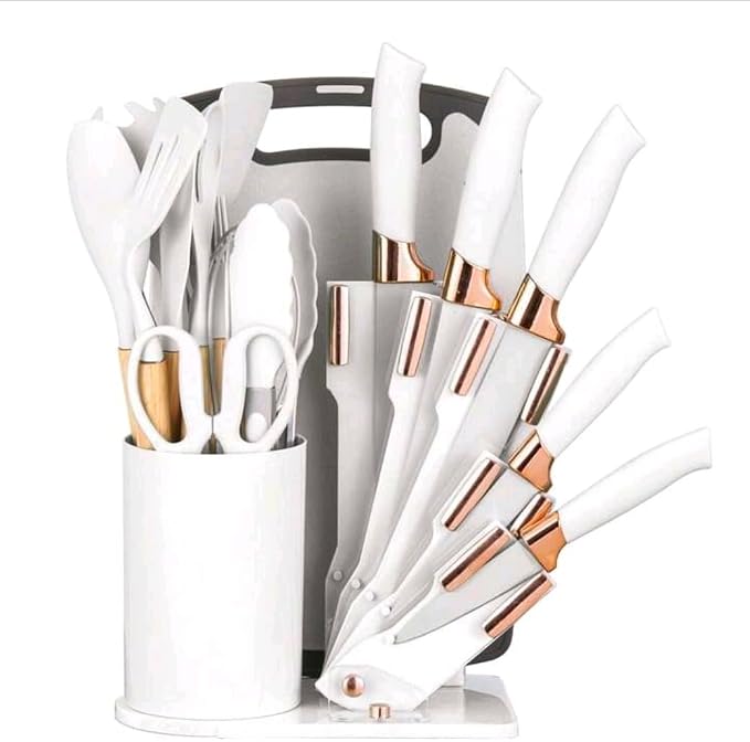 19-Piece Silicone Kitchen Utensil and Knife Set with Wooden Handles, Heat-Resistant, Non-Stick Safe, Includes Storage Stand, White and Rose Gold