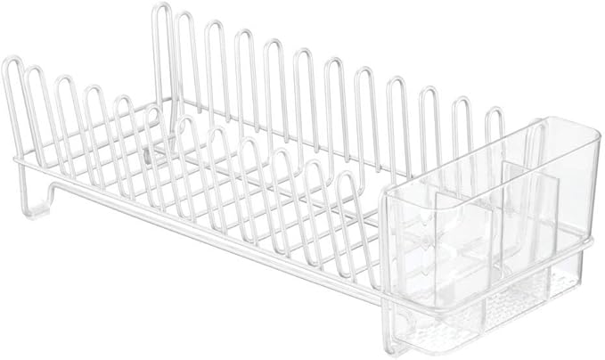 mDesign Kitchen Sink Dish Drainer – Small Metal and Plastic Dish Rack for Kitchen Sink – Dish Drying Rack with Drip Tray for Plates and Cutlery Basket – White/Clear
