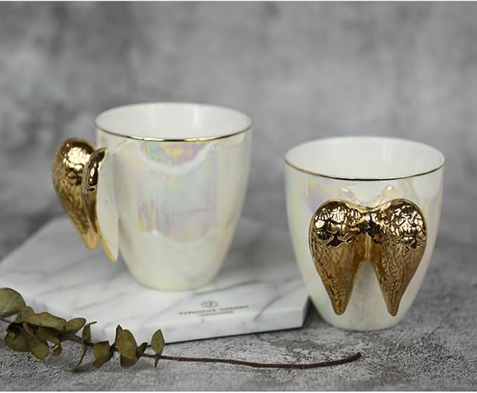 Pearl Ceramic Coffee Mug for Tea Latte Milk Cute Love Shape Cup for Home Office Women Gift 6.5 oz (golden angel, 220 ml)