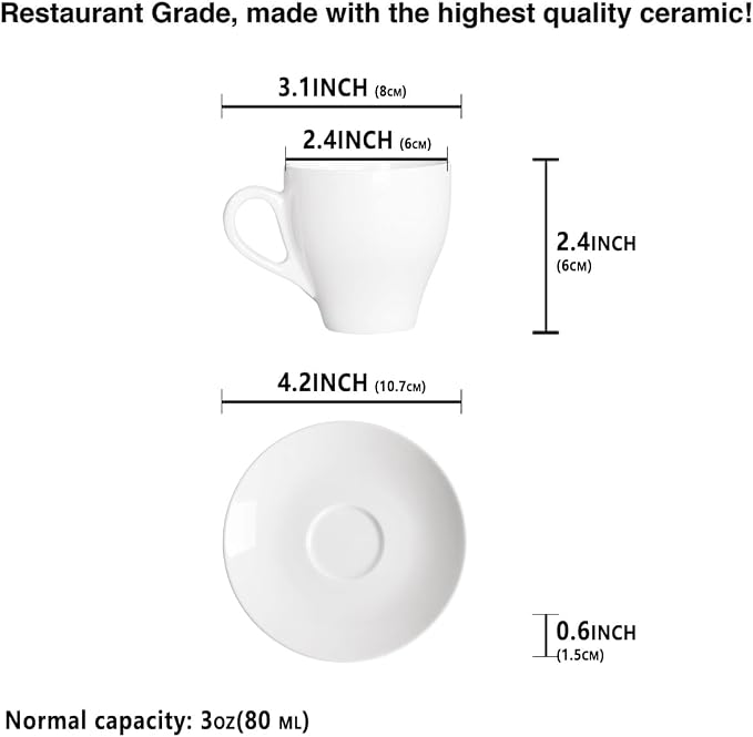 Espresso cup 3 Oz, Coffee Mugs with Handle and saucers 8 pcs, Porcelain Coffee Cups with saucer, Mugs, for Cappuccino, Tea, Espresso, Dishwasher & Microwave Safe, Reusable