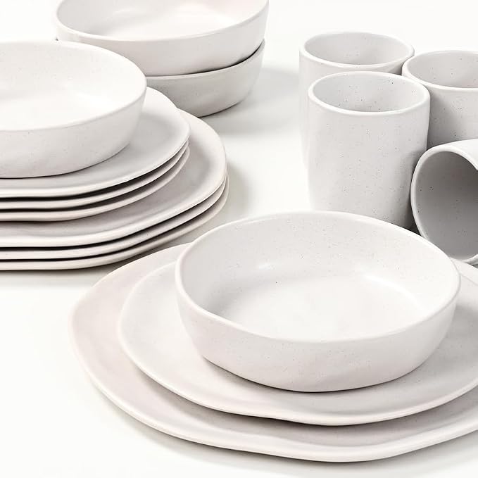 Cabtnca Plates and Bowls Sets for 4, 16 Pcs Modern Stoneware Dinnerware Sets, Highly Chip Scratch Resistant, Microwave & Dishwasher Safe, Irregular Dish Set for Kitchen Home, Speckled White
