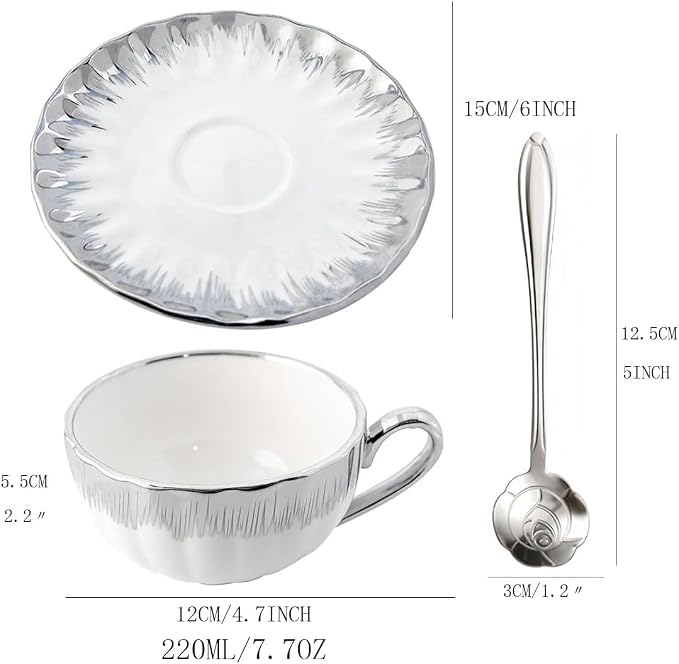 CHANJOON 6 Teacups Tea Tray Spoon Set, 6oz with Galvanized Gold Rim and Gift Box, Ceramic White English Coffee Teacup (silver, Large)