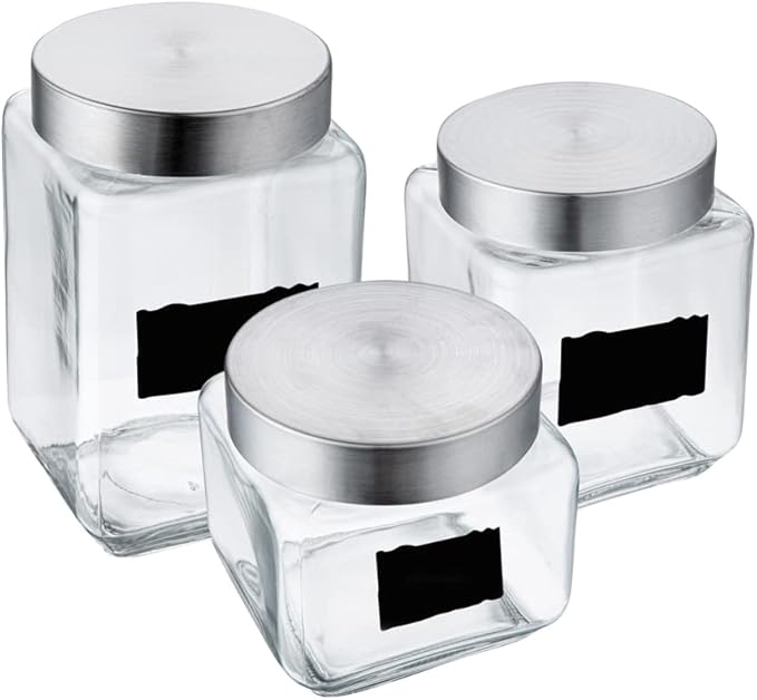 Restaurantware-Vetri Glass Storage Jar Set, 3-Piece Dishwashable Glass Cookie Jars - Airtight Seal, Hot & Cold Friendly, Clear Candy Jars, For Kitchen, Laundry, Or Storage