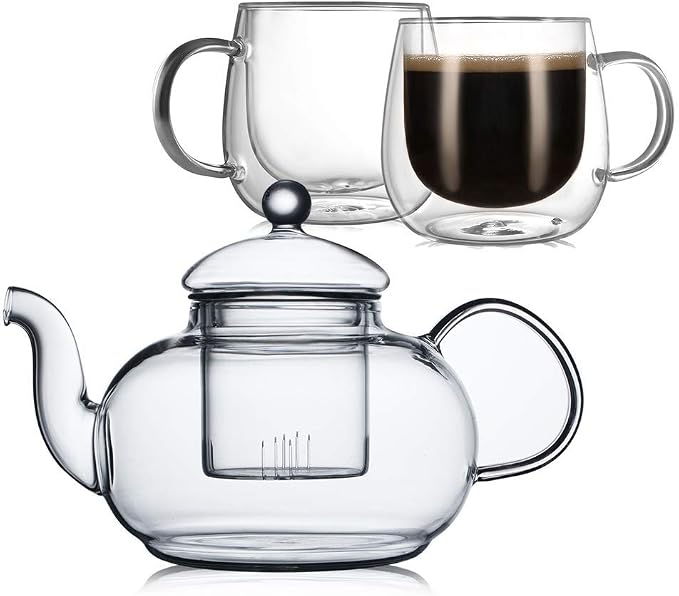 CNGLASS 20.3oz Glass Teapot Stovetop Safe and 10oz(2-pack) Double Wall Glass Mugs