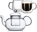 CNGLASS 20.3oz Glass Teapot Stovetop Safe and 10oz(2-pack) Double Wall Glass Mugs