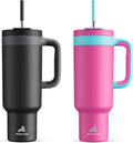 POWCAN 50 oz Tumbler with Handle 2 Pack, 2-in-1 Straw & Sip Lid, Leakproof, Dishwasher Safe, Insulated Stainless Steel Coffee Mug, Keeps Cold for 34 Hours, Fits in Car Cup Holder(Might & Barbie)