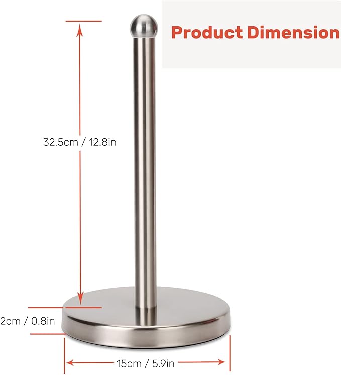 Heavy Weighted Towel Holder, Easy One-Handed Design for Kitchen Stand Dispenser, Sturdy Base for Standard and Mega Paper Rolls (Brushed - Stainless Steel Base)