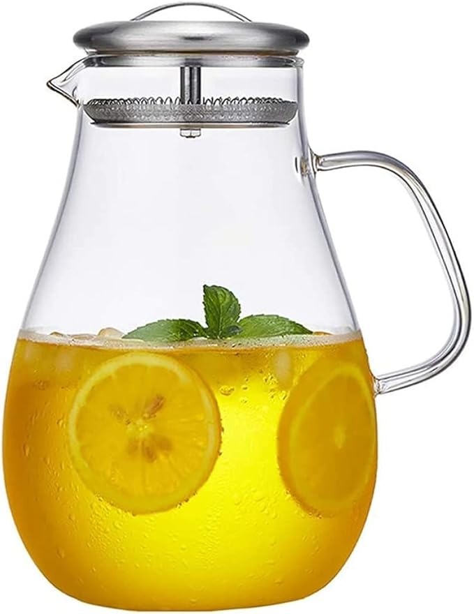 Water Jug 1.8L Glass Water Jug with Stainless Steel Lid for Hot/Cold Juice, Tea, Milk and Coffee, Glass Water Pot with Filter