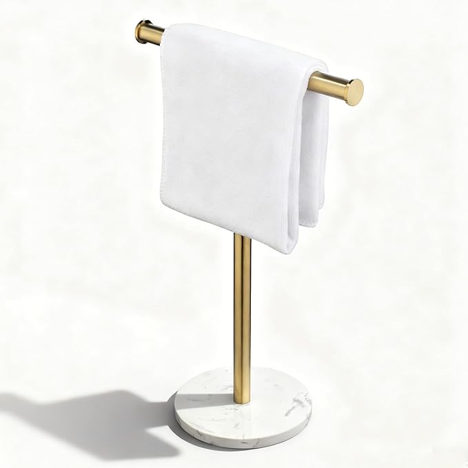 Hand Towel Holder, NEWRAIN Countertop Hand Towel Holder Stand, Stainless Steel Free Standing Hand Towel Rack with Heavy Marble Base, for Bathroom Kitchen & Counter top, Brushed Gold