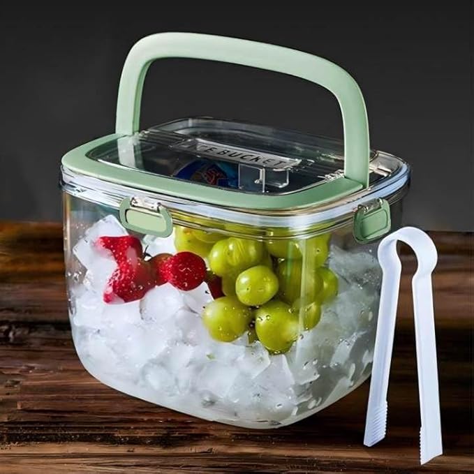 5L Portable Ice Cube Storage Bin, Clear Ice Bucket for Freezer with Lid & Tong for Outdoor Camping, Plastic Refrigerator Ice Cube Trays Storage Bin for Whiskey Wine Cocktail Party