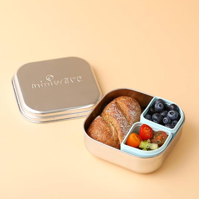 Miniware GrowBento Box and 2 Silipods | Stainless Steel food grade silicone bento containers - Bento Lunch Box for Kids and Silicone Storage Containers | Bento Box for Kids (Steel+ Aqua)