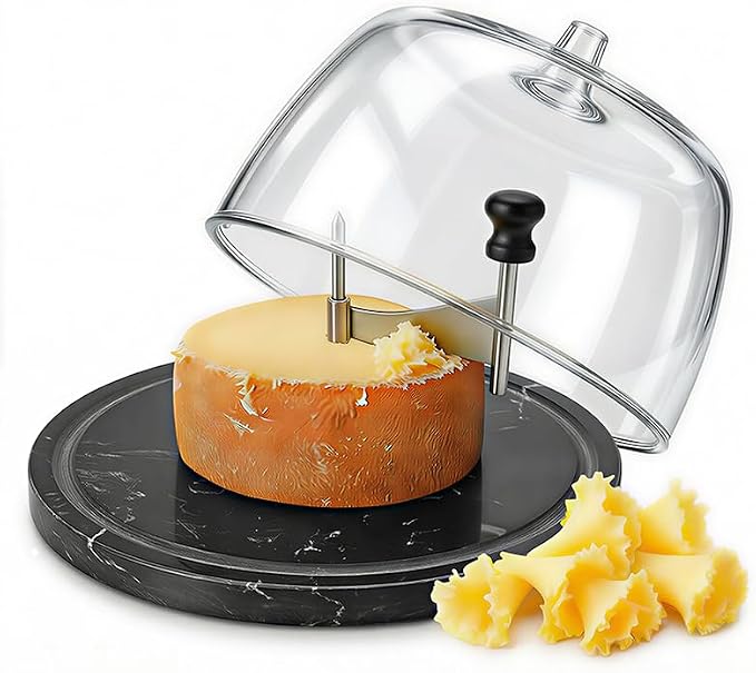 ZZXLLLO Girolle Cheese Curler Shaver Wheel – Stainless Steel Cheese Slicer Flower Maker Tool for Tête de Moine – Black Marble Base with Dome Lid