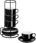 YOLIFE 2.5oz Espresso Cups Set of 4, Porcelain Stackable Espresso Cups, Expresso Shots Cup Set with Saucers and Metal Stand-Black