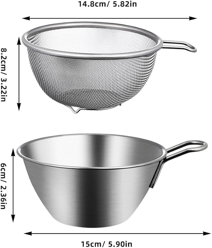 BESTonZON Stainless Steel Colander Bowl with Handle and Basin Food Strainer for Rice Washing Vegetable and Fruit Draining Compact 7.08X5.90X2.95 Inch Kitchen Utensil