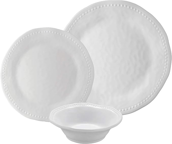 UPware 12 Piece Pebble Melamine Dinnerware Sets, Outdoor Dishes Set, Plates and Bowls Sets, Service for 4, White