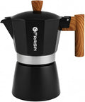 Stovetop Espresso Moka Pot Coffee Maker, Non-slip Wood Grain Handle, Cast Aluminum, Compatible with Gas, and Electric Stoves (Black, 3 cups)