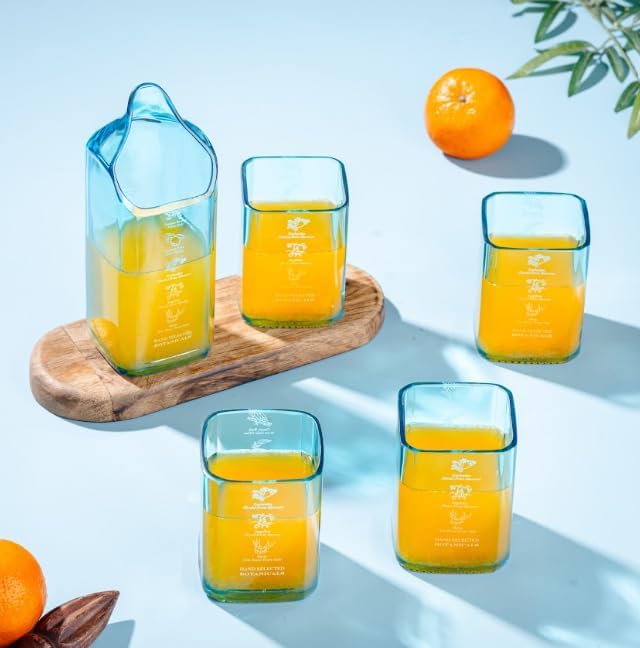Upcycled Bombay Sapphire Gin Glasses and Pitcher Set of 5 | Eco-friendly Glasses for Drinks Handcrafted from Gin bottles | Ideal for Gin, Whiskey, Rum, Juices, Smoothies, Cocktails