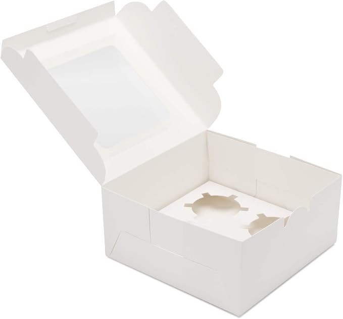 EUSOAR Muffin Boxes, 50pcs 6.4" x 6.3" Kraft Cupcake Boxes 4 Count White Color Muffin Containers, Cupcake Carrier with Insert and Display Window Fits 4 Cupcakes or Muffins