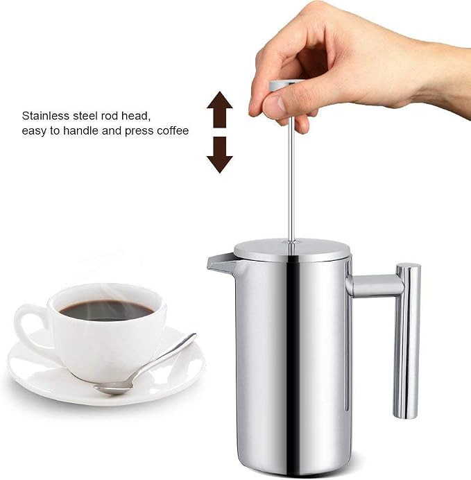 TOPINCN French Press Coffee Maker, Stainless Steel, Double Wall Insulation, Mirror Finish, 350ml, with Filter, for Coffee and Tea