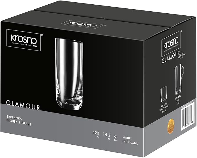 Krosno Long Tall Water Juice Mojito Drinking Glasses, Set of 6 Highball Glasses, 12.1 oz, Glamour Collection, Lead-Free Crystal Glass Drinking Glasses, Water Glasses, Made in Europe