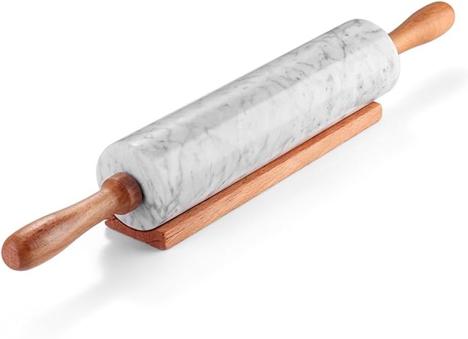 Flexzion Marble Rolling Pin Heavy Nonstick Stone Dough Roller - 10 Inch Polished Barrel with Wooden Handles & Cradle Stand for Baking Pastry Bread Pizza Cookies Pie Crust Pasta Tortillas (White)